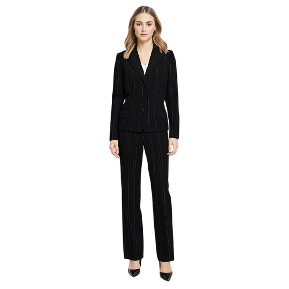Anne Klein Black Pantsuit With Green & purple Pinstripes Size 6 - Picture 1 of 17